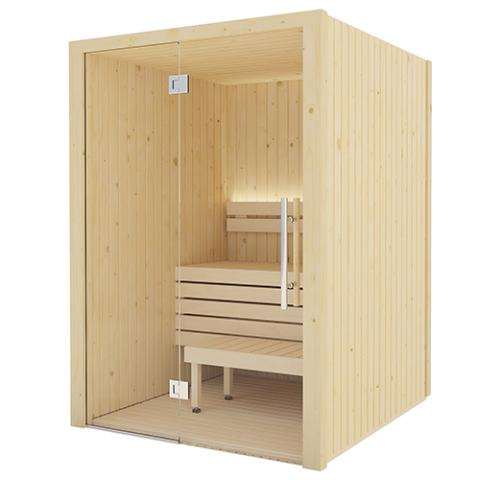 SaunaLife Model X2 indoor home sauna with glass front, Aspen bench, and LED lighting