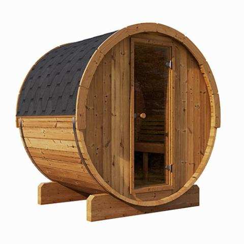 SaunaLife ERGO-Series Model E6 3-person outdoor sauna barrel with black shingle roof and tempered glass door in backyard setting