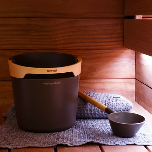 Black Sauna Bucket with Wooden Handle and Scoop
