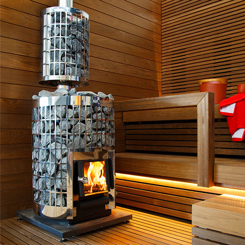 Cilindro Sauna Stove with Stones in Modern Wooden Sauna