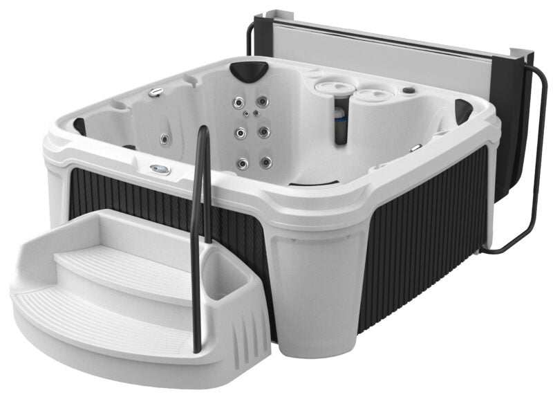 Sparx 6 person plug and play spa with 35 stainless steel jets, LED waterfall, and seating for six