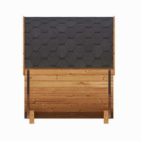SaunaLife Model E6 outdoor backyard sauna barrel with black shingle roof