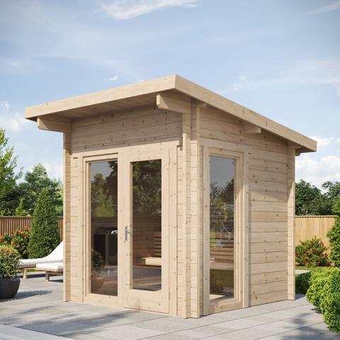 SaunaLife Model G4 premium Nordic Spruce outdoor home sauna kit with glass front and LED lighting
