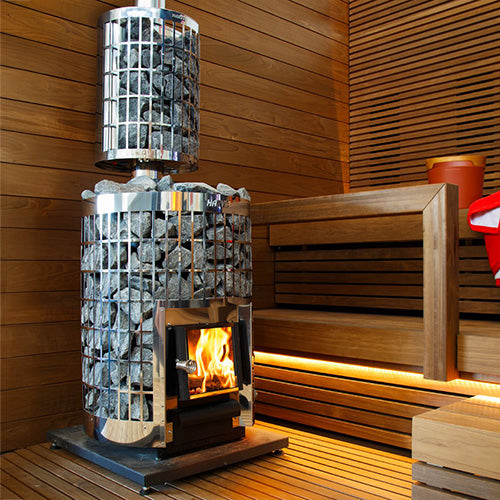 Harvia Cilindro stove with a view of the outdoors