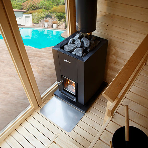 Harvia Linear sauna stove with fire burning