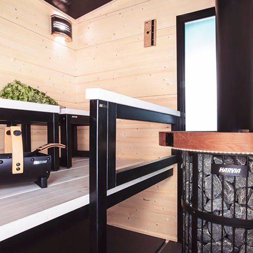 Harvia sauna interior with thermometer