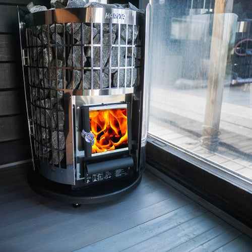 Harvia sauna stove with fire view