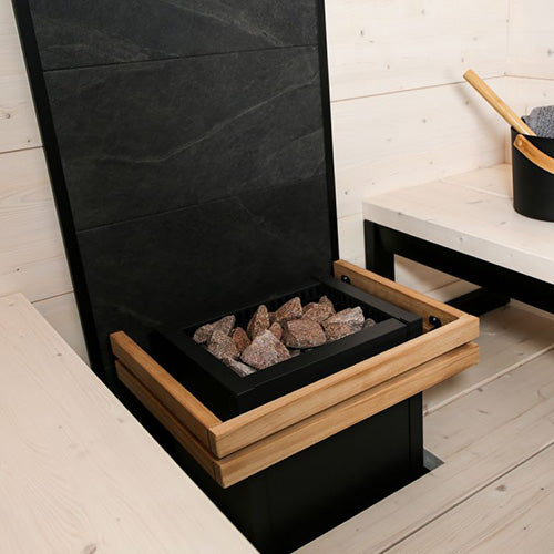 Sauna heater with wooden frame