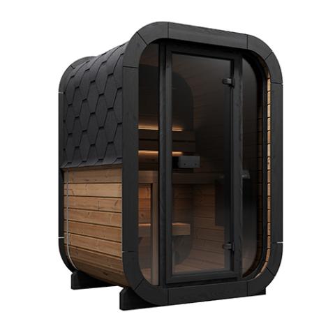 SaunaLife Model CL3G Cube-Series outdoor sauna with full-glass front and Thermo-Spruce exterior designed for two people