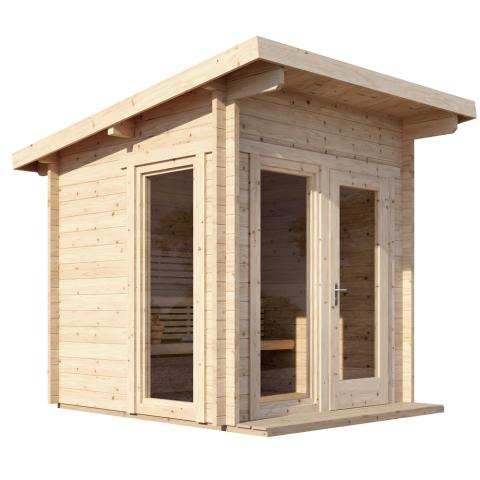 SaunaLife Model G4 outdoor home sauna kit with glass front and Nordic spruce wood