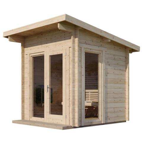 SaunaLife Model G4 outdoor home sauna kit with glass front and spruce exterior