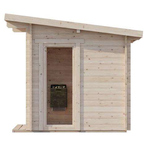 SaunaLife Model G4 spacious outdoor home sauna with glass front and Wi-Fi LED lighting