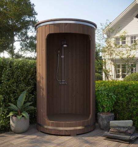 SaunaLife Barrel Shower Model R3 outdoor luxury thermo-spruce barrel shower with dual rain and handheld chrome shower heads and stainless steel bands