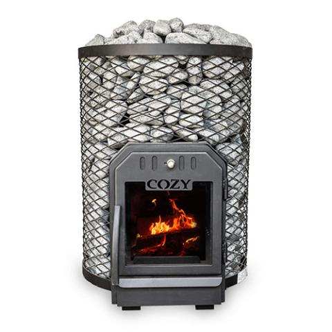 Cozy Heat O Thru-Wall wood-burning sauna stove with stainless steel flame cutter and glass door