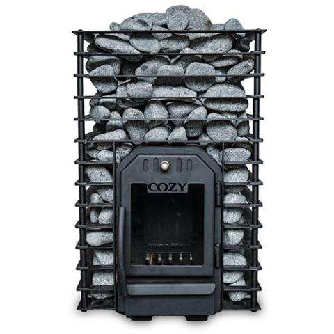 Cozy Heat Quattro wood-burning sauna stove with steel construction and glass door showing flames