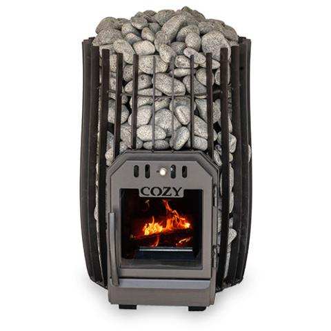 Cozy Heat SW wood-burning sauna stove with sleek cylindrical design and stainless steel flame cutter