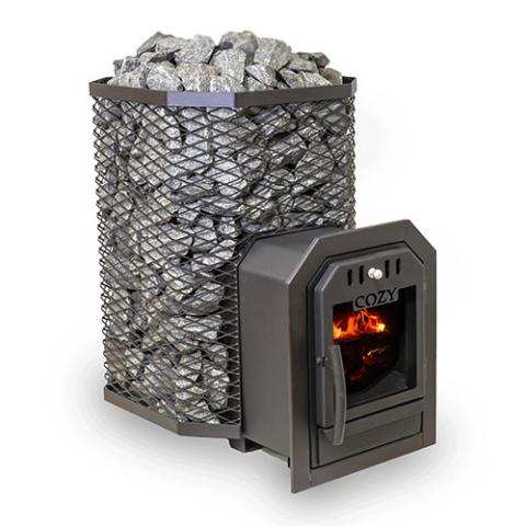 Cozy Heat thru-wall wood-burning sauna heater in black steel for traditional sauna rooms