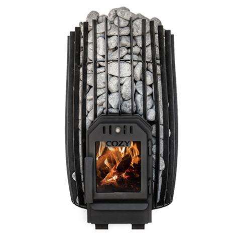Cozy Heat SW Thru-Wall wood-burning sauna stove with steel construction and glass door