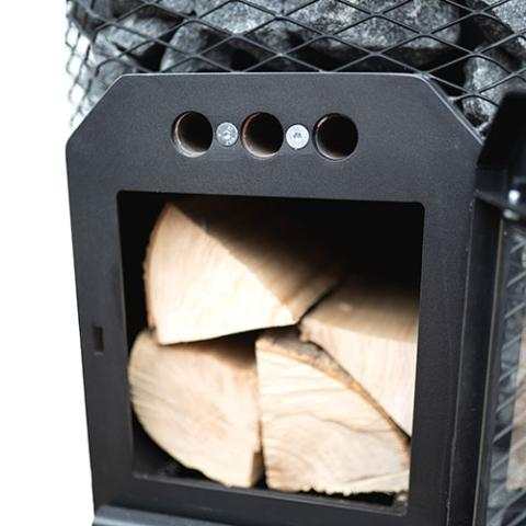 Cozy Heat thru-wall wood-burning sauna heater in black steel