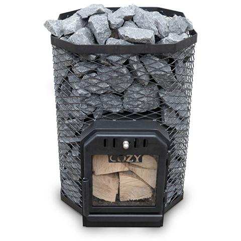 Cozy Heat thru-wall wood-burning sauna heater in black steel