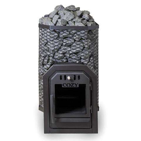 Cozy Heat thru-wall wood-burning sauna heater in black steel