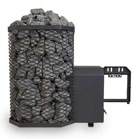 Cozy Heat thru-wall wood-burning sauna heater in black steel