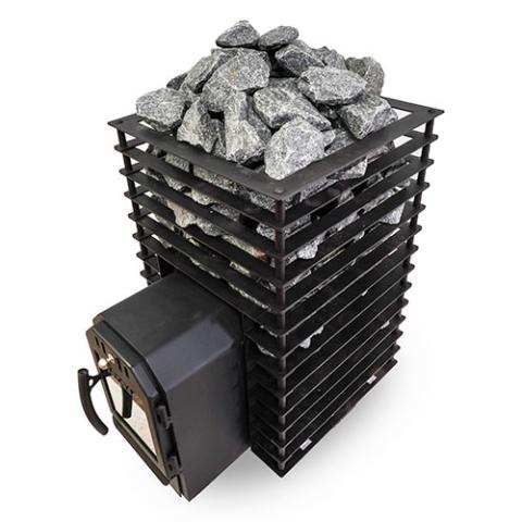Cozy Heat Quattro Thru-Wall Sauna Stove wood-burning steel stove with glass door and minimalist design