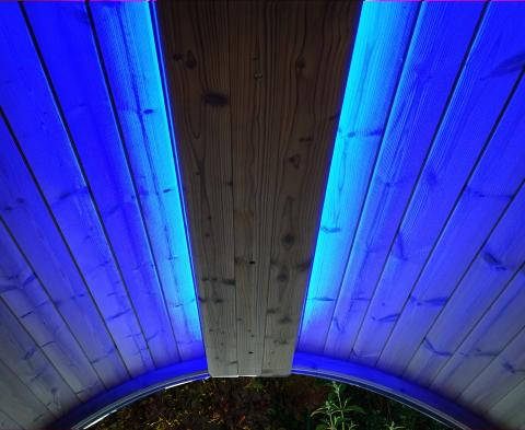 SaunaLife Emood Color Lighting ceiling-mounted RGB LED valance in ERGO sauna interior