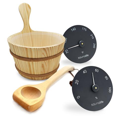 SaunaLife Accessory Package with wooden 1-gallon sauna bucket, wood ladle, black thermometer, and hygrometer
