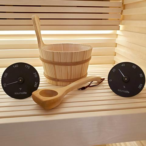 SaunaLife Accessory Package 3 Wooden 1-Gallon Sauna Bucket, Wood Ladle, Thermometer, Hygrometer, Black