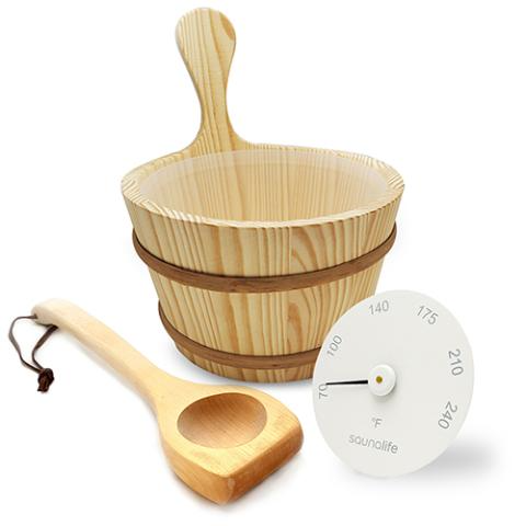SaunaLife Accessory Package showing wooden sauna bucket with plastic liner, wood ladle, and white thermometer