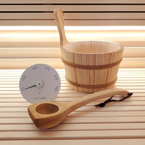 SaunaLife Accessory Package 4 Wooden 1-Gallon Sauna Bucket Set with Wood Ladle and White Thermometer