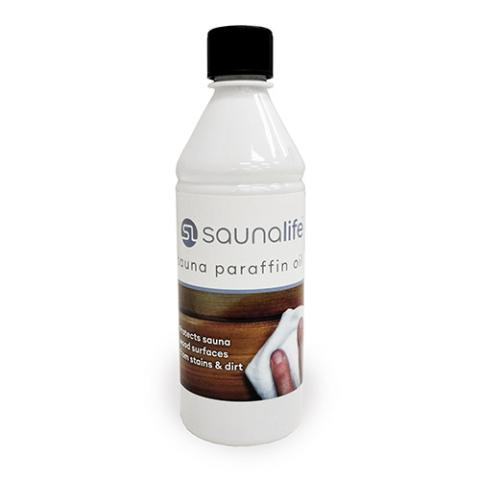 Bottle of SaunaLife Sauna Paraffin Oil for protecting and beautifying wooden sauna surfaces, fragrance-free and easy to apply