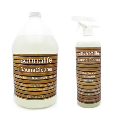 SaunaLife Sauna Wood Cleaner spray bottle and gallon jug for disinfecting and deodorizing sauna wood