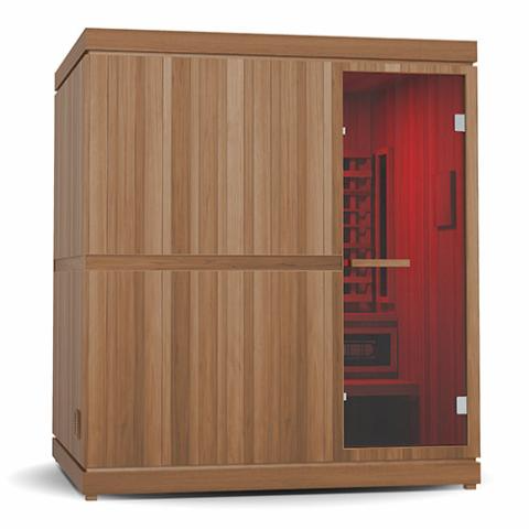 Finnmark FD-5 Trinity XL Infra-Steam Sauna with infrared, steam, and red light therapy in cedar interior and Thermo-Aspen exterior
