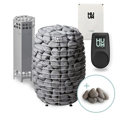 HUUM HIVE 12.0kW sauna heater package with UKU control, extension box, and sauna stones for modern sauna rooms