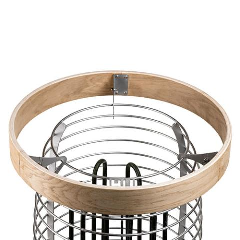Light-colored wooden safety rail with stainless steel supports for HIVE sauna heaters