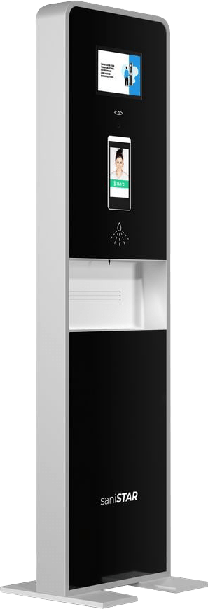 Vacuactivus MedSaniStar touchless temperature check and hand disinfection station with face and mask recognition
