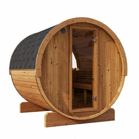 SaunaLife Model E6W ergonomic 3-person outdoor Thermo-Spruce barrel sauna with panoramic half-moon window and LED lighting
