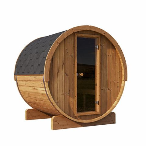 SaunaLife Model E7 ergonomic outdoor barrel sauna made of Thermo-Spruce with LED lighting and dual floor drains