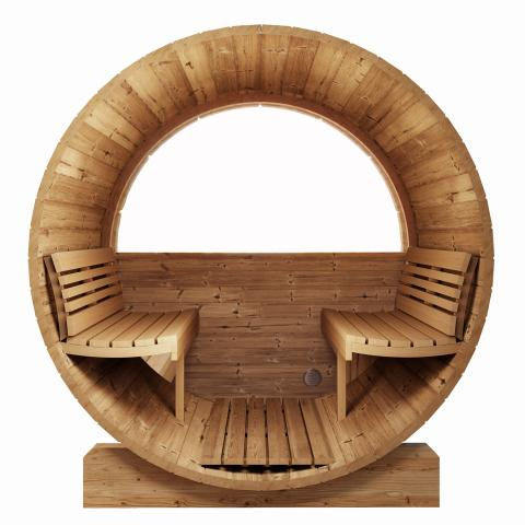 SaunaLife Model E7W outdoor barrel sauna with panoramic half-moon window and ergonomic Thermo-Aspen benches