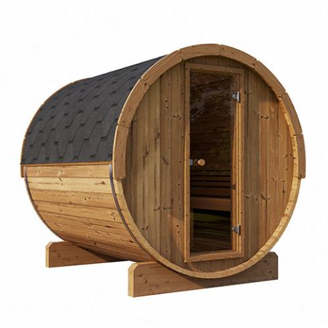 SaunaLife Model E8 ergonomic outdoor sauna barrel with Thermo-Spruce wood and LED lighting system