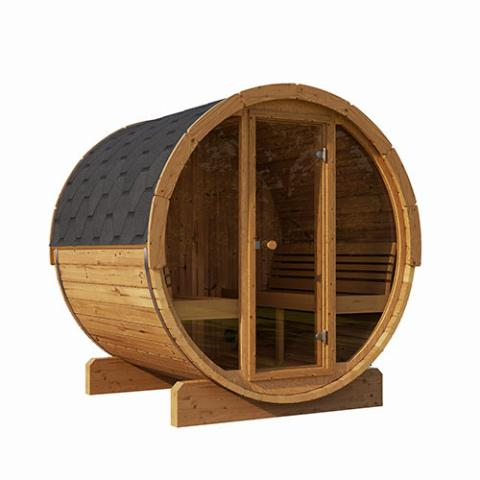 SaunaLife Model E8G outdoor barrel sauna with full glass front and ergonomic Thermo-Aspen benches