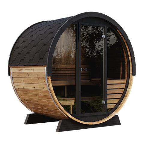 SaunaLife Model EE6G outdoor barrel sauna with full glass front and Thermo-Spruce wood exterior