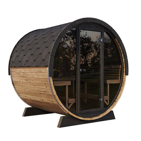 Spacious SaunaLife Model EE8G Thermo-Spruce outdoor sauna barrel with glass front and ergonomic Thermo-Aspen benches