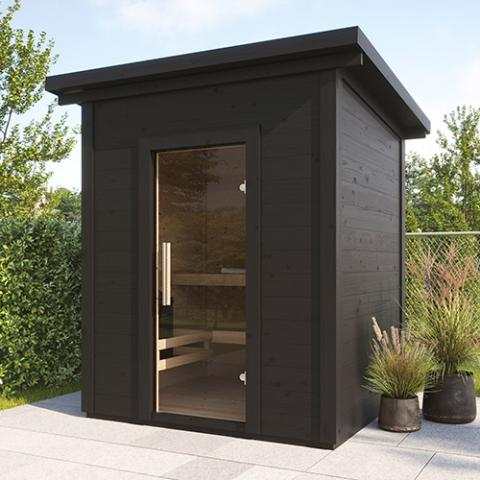SaunaLife Model G2 outdoor home sauna kit with Nordic spruce and Aspen benches