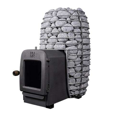 HUUM HIVE Heat Series wood-fired sauna stove with firebox extension and cast iron door