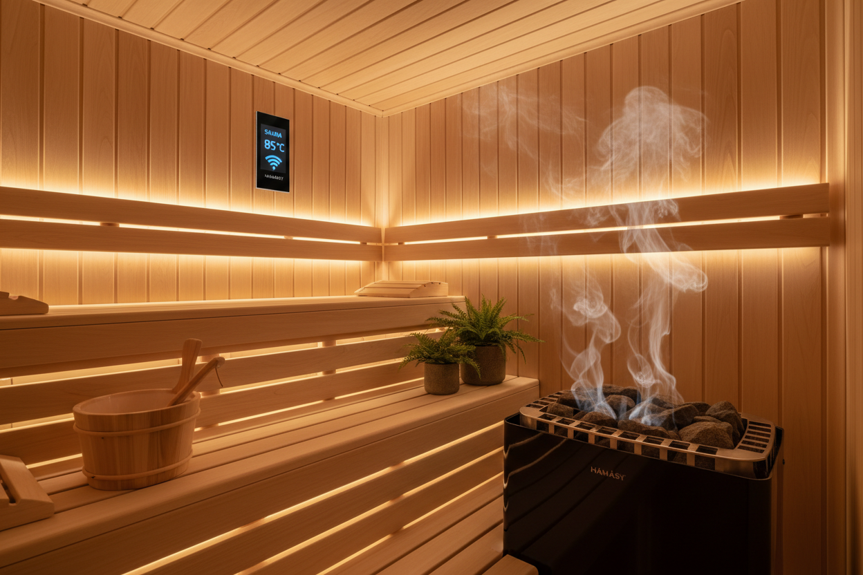 Luxury sauna interior with control unit