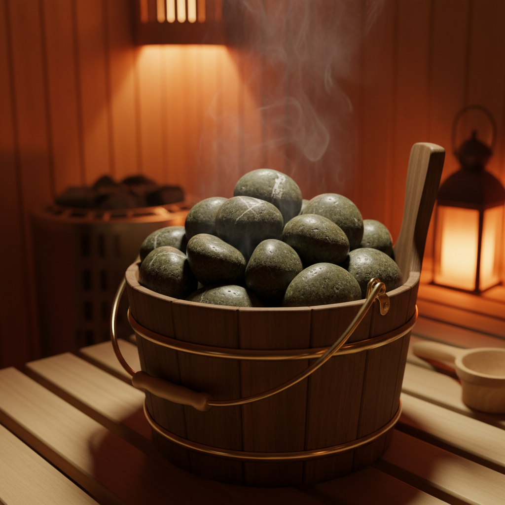 Sauna stones in wooden bucket