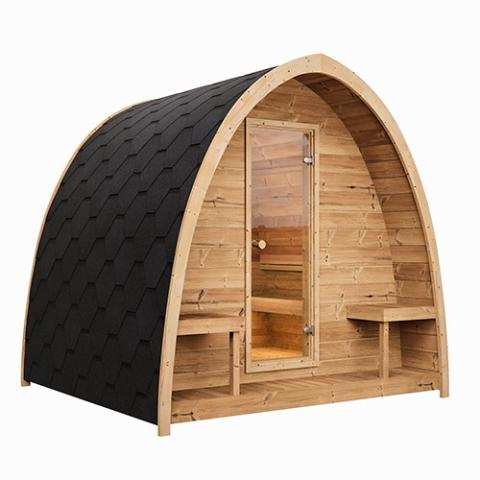 SaunaLife Model G3 Outdoor Home Sauna with parabolic roof and bronze glass door in backyard setting